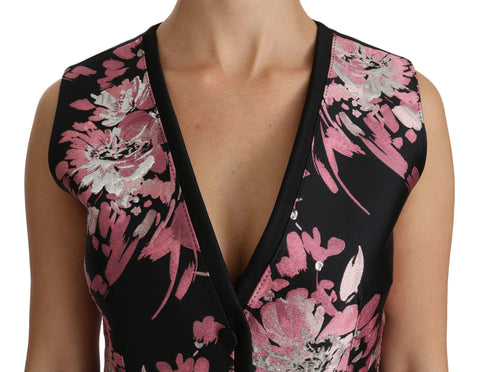 Black floral waistcoat vest with pink accents from Dolce & Gabbana, featuring a fitted blouse top with intricate floral embroidery.