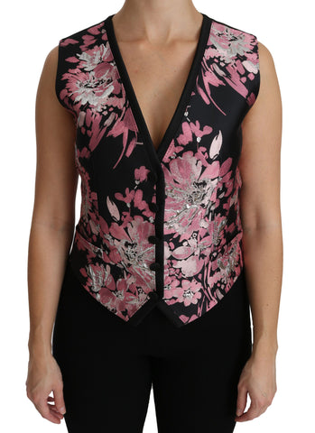 Black floral waistcoat vest with pink accents, Dolce & Gabbana blouse top, featuring a fitted design and elegant floral pattern.
