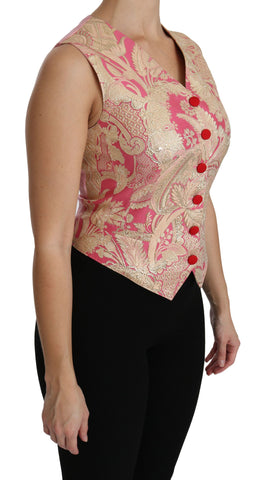 Pink gold brocade waistcoat vest from Dolce & Gabbana featuring intricate floral patterns and a tailored fit.
