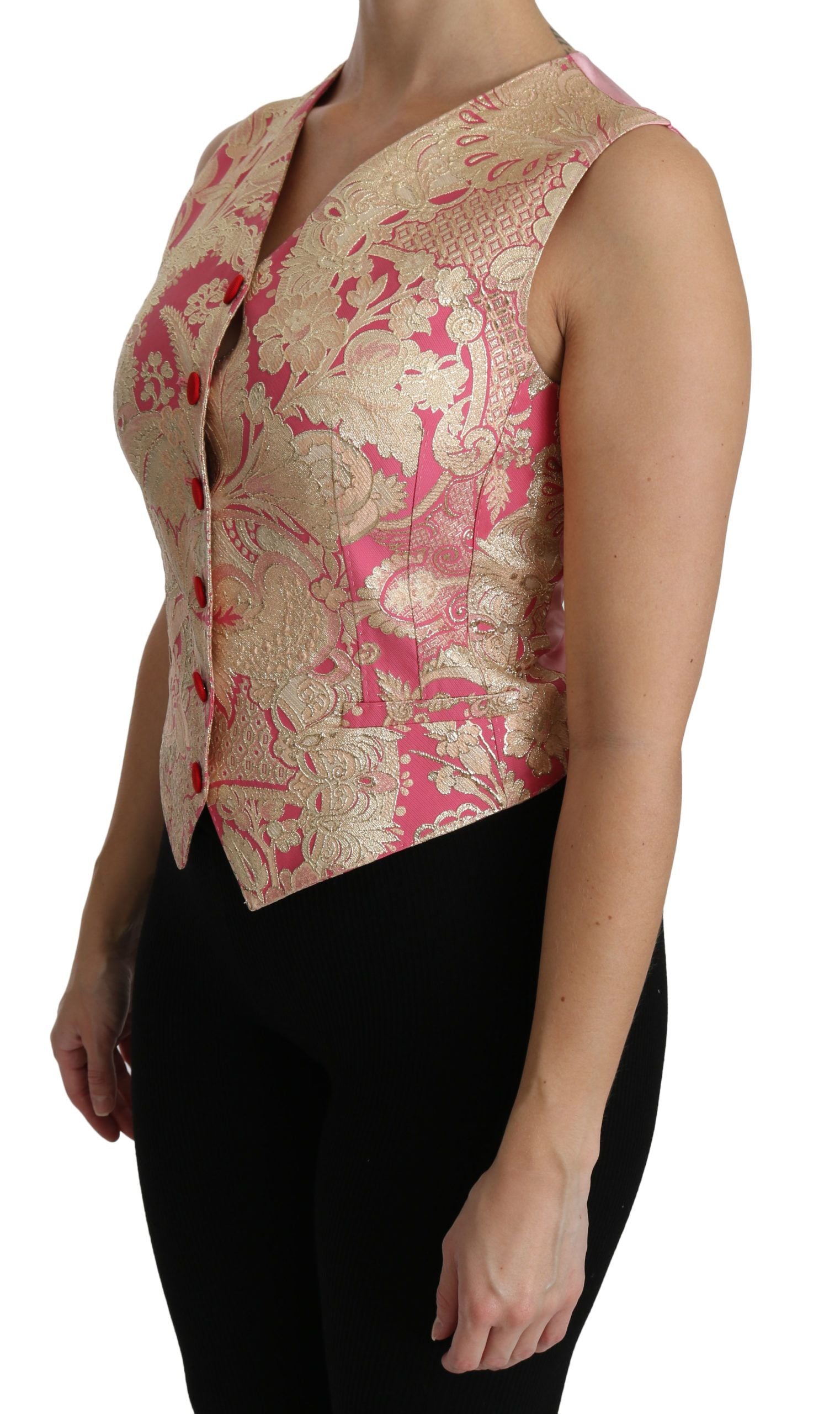 Pink gold brocade waistcoat vest from Dolce & Gabbana, featuring intricate embroidery and a stylish blouse top design.