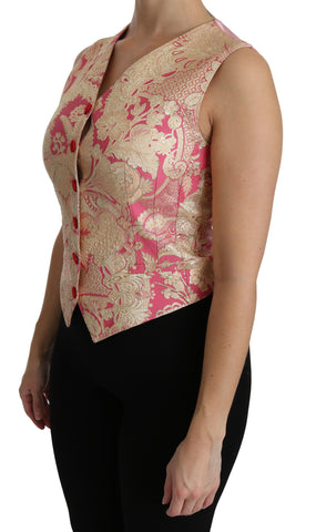 Pink gold brocade waistcoat vest from Dolce & Gabbana, featuring intricate embroidery and a stylish blouse top design.