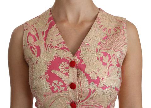 Pink gold brocade waistcoat vest with blouse top by Dolce & Gabbana, featuring intricate fabric and tailored fit.