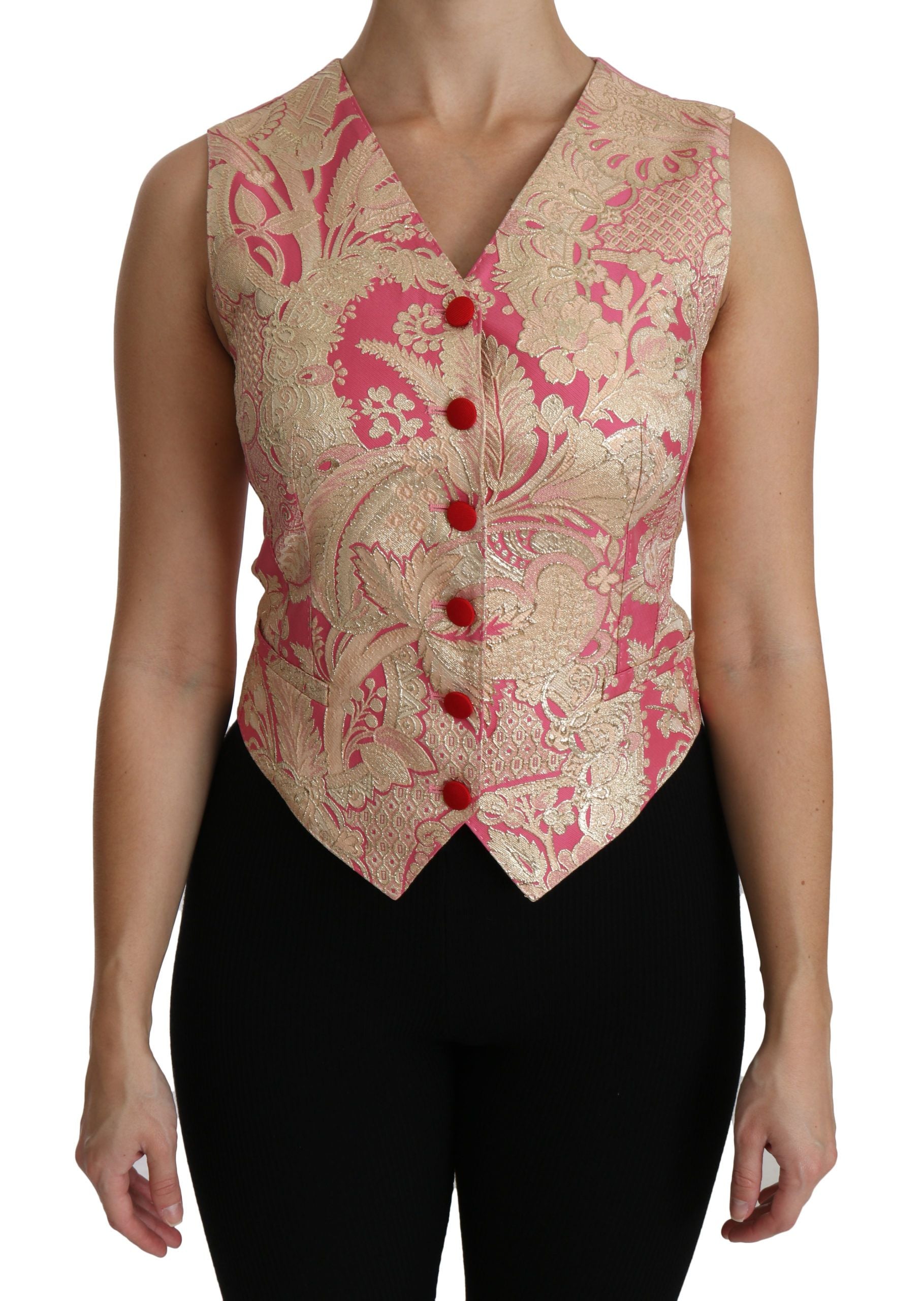 Pink gold brocade waistcoat vest with blouse top by Dolce & Gabbana, featuring intricate fabric and tailored fit.