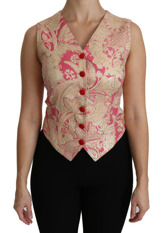 Pink gold brocade waistcoat vest with blouse top by Dolce & Gabbana, featuring intricate fabric and tailored fit.