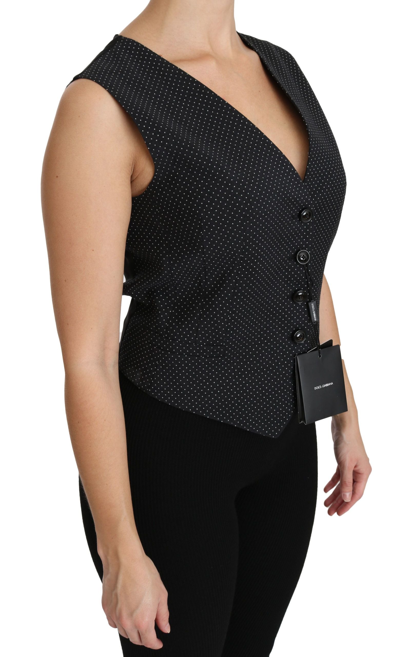 Black dotted waistcoat vest blouse top by Dolce & Gabbana, featuring a tailored fit and stylish design.