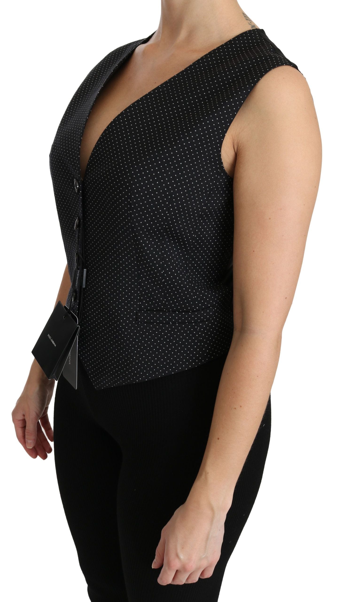 Black dotted waistcoat vest blouse from Dolce & Gabbana, featuring a fitted design and stylish pattern.