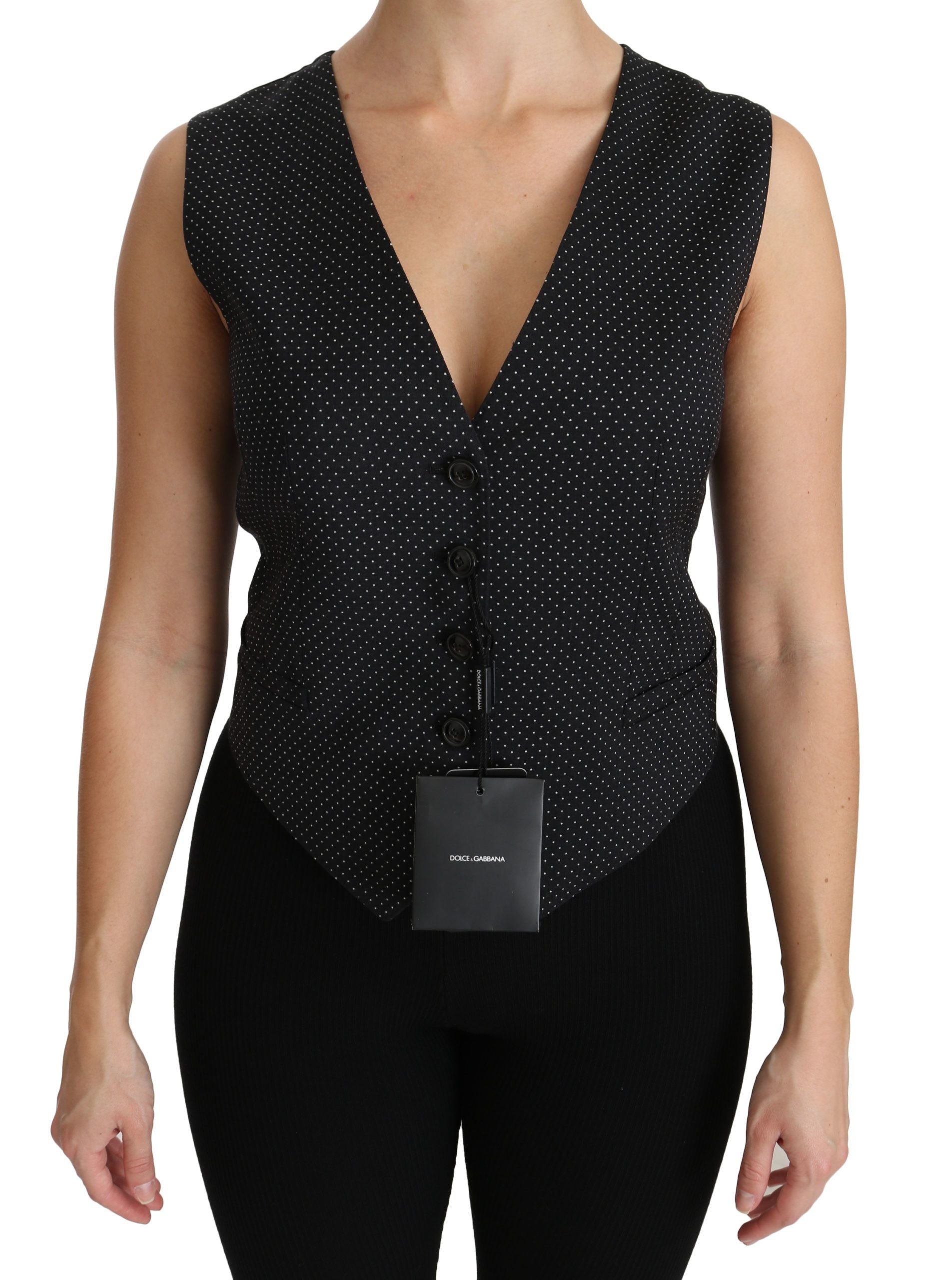 Black dotted waistcoat vest blouse top by Dolce & Gabbana, featuring a tailored fit with a stylish dotted pattern.