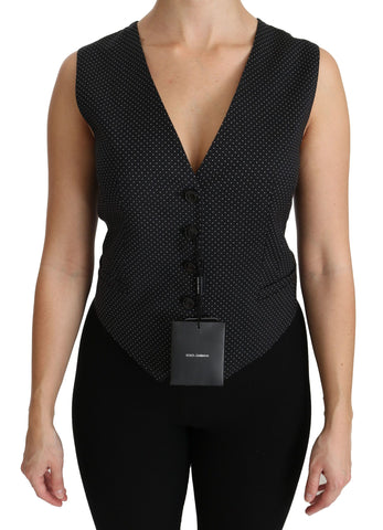Black dotted waistcoat vest blouse top by Dolce & Gabbana, featuring a tailored fit with a stylish dotted pattern.