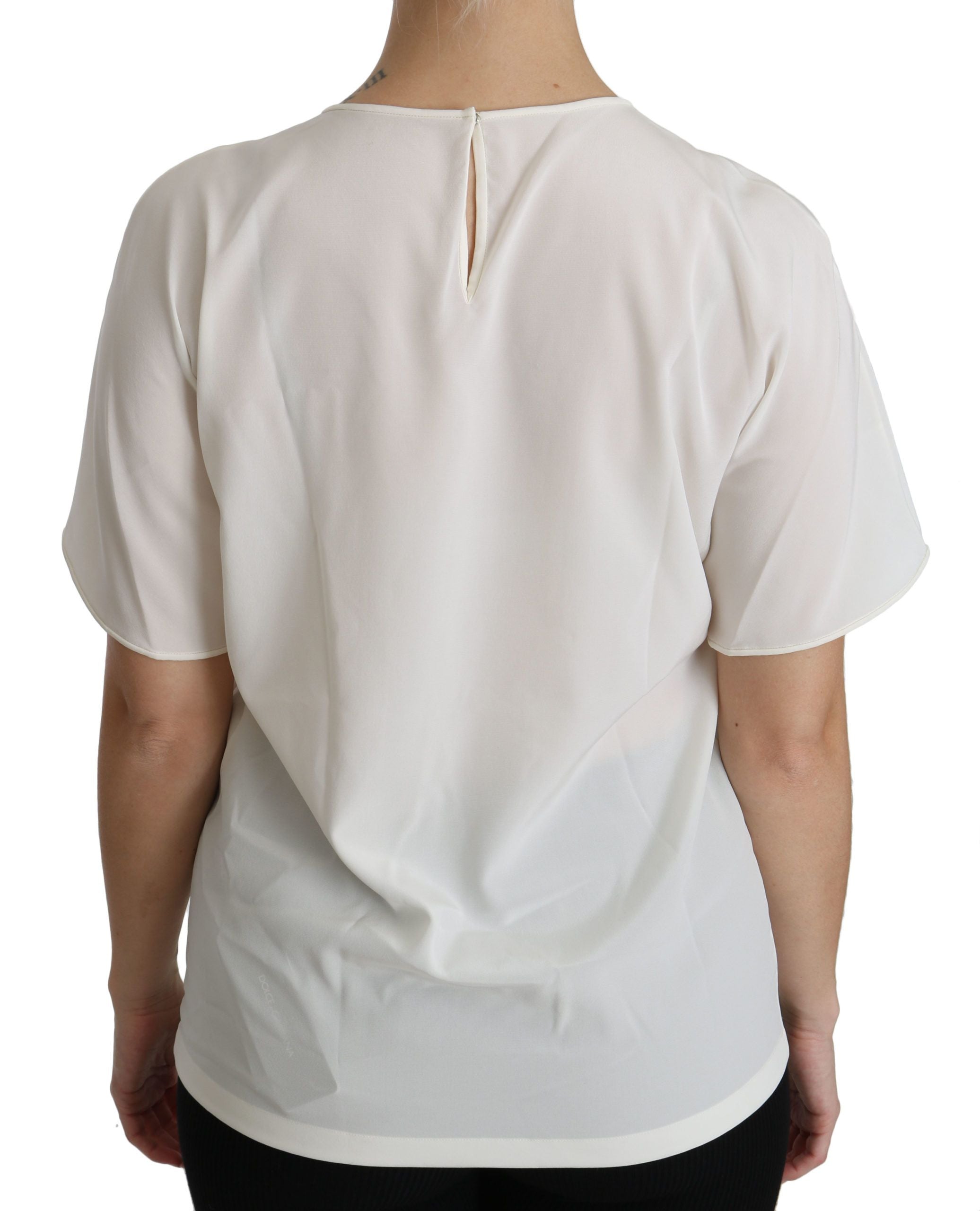 White Dolce & Gabbana patch short sleeve blouse with #dgfamily logo, featuring a classic collar and relaxed fit.