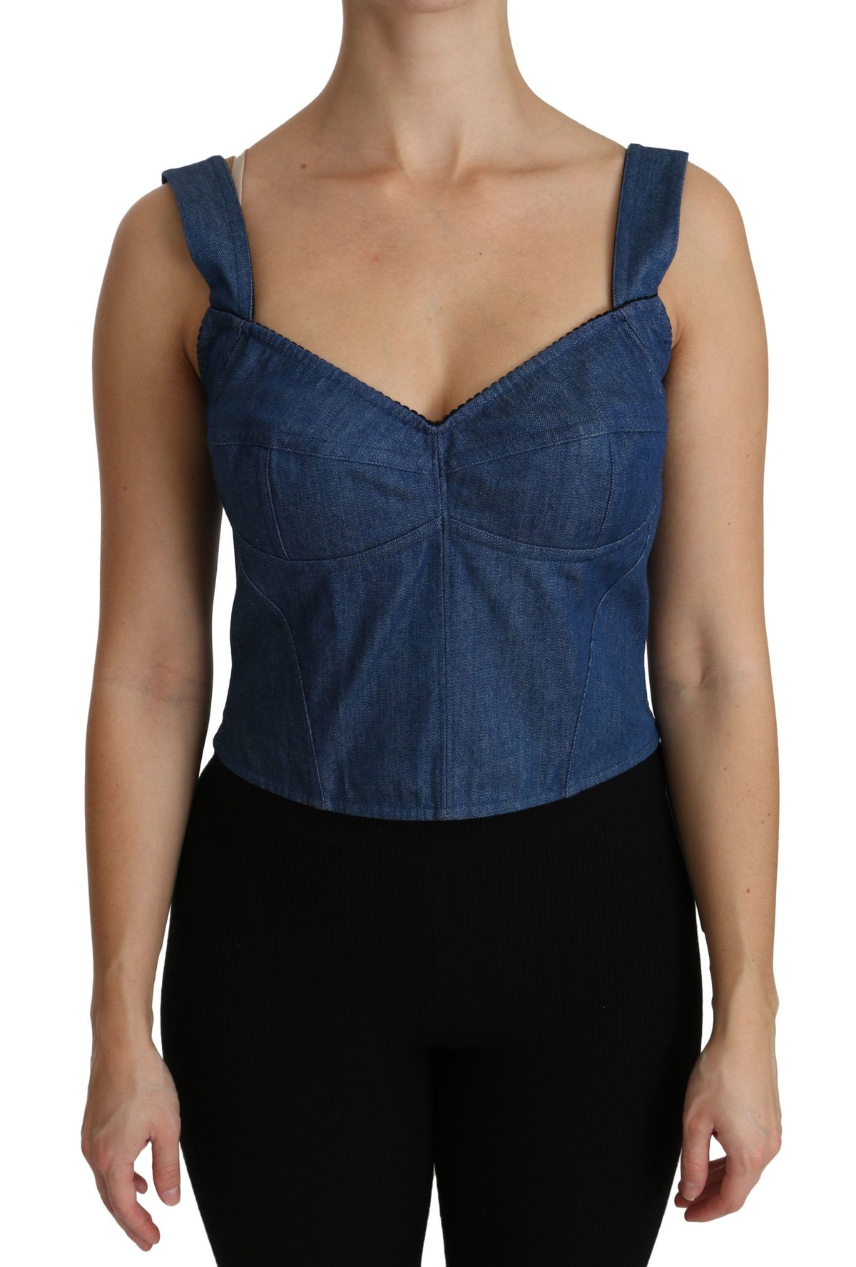 Blue sleeveless bustier blouse by Dolce & Gabbana, made of cotton, featuring a fitted design and stylish neckline.
