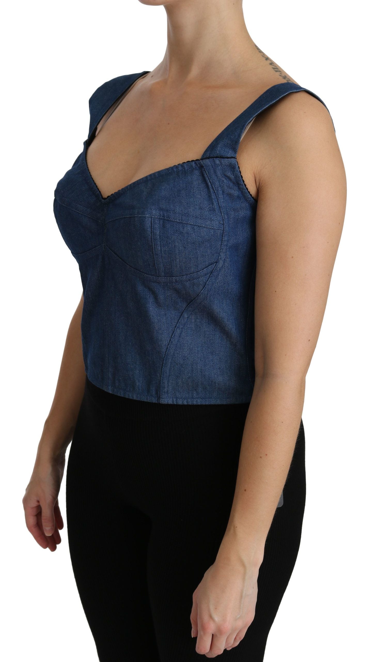 Blue sleeveless bustier blouse by Dolce & Gabbana, made of cotton, featuring a fitted design and stylish neckline.