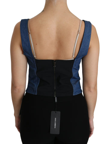 Blue sleeveless bustier blouse by Dolce & Gabbana made of cotton, shown on a hanger with close-up details of fabric and design.