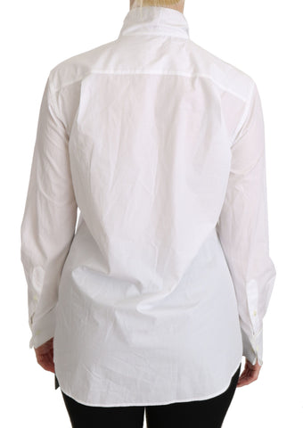 White Dolce & Gabbana turtle neck long sleeve polo shirt displayed on a hanger, showcasing its smooth fabric and classic design.
