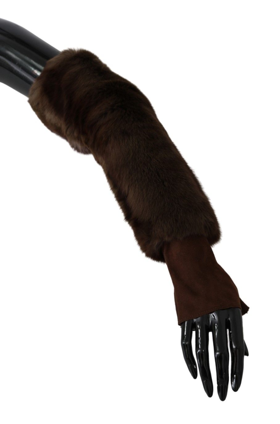 Brown Dolce & Gabbana elbow-length fingerless fur gloves, soft and luxurious with a stylish design.