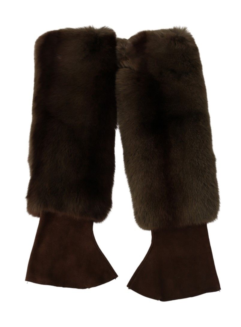 Brown Dolce & Gabbana elbow-length fingerless fur gloves with a plush texture and stylish design.