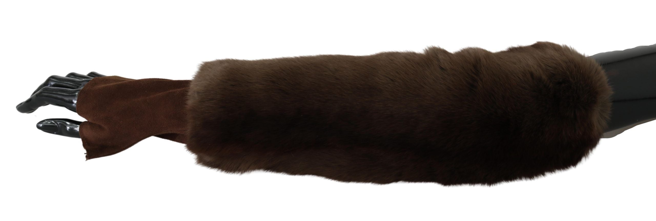 Brown Dolce & Gabbana elbow-length fingerless fur gloves laid flat showing their plush fur texture and stylish design.