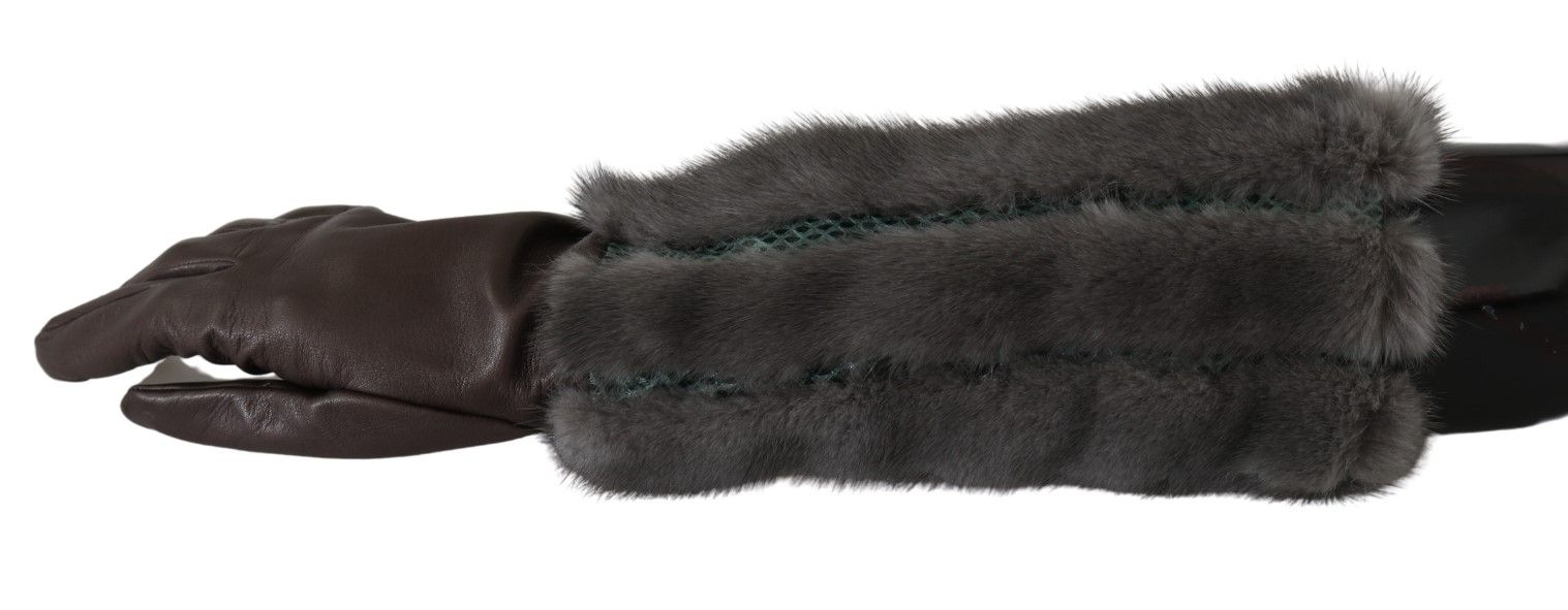 Brown mid-arm length leather gloves with fur trim from Dolce & Gabbana, shown on a mannequin hand.