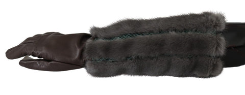 Brown mid-arm length leather gloves with fur trim from Dolce & Gabbana, shown on a mannequin hand.