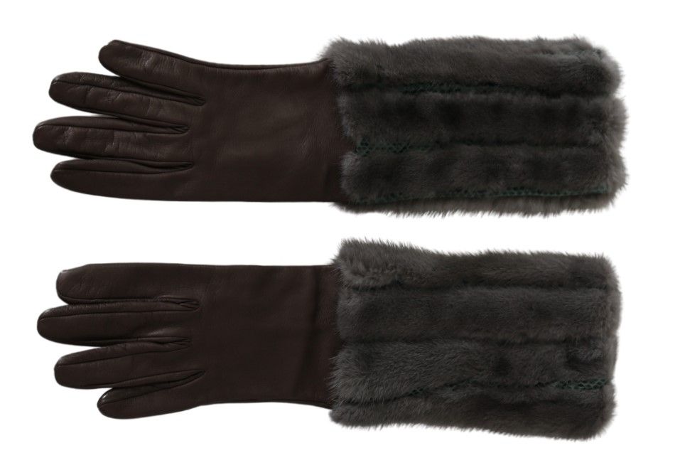 Brown mid-arm length leather fur gloves by Dolce & Gabbana, showcasing soft leather and plush fur lining.