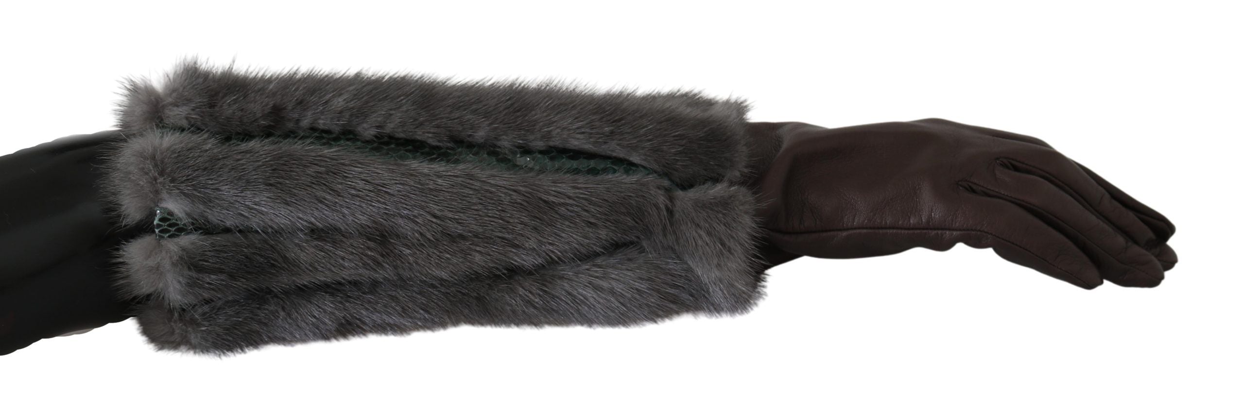 Brown mid-arm leather gloves with fur trim from Dolce & Gabbana, featuring a stylish, luxurious design.