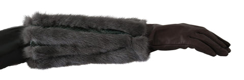 Brown mid-arm leather gloves with fur trim from Dolce & Gabbana, featuring a stylish, luxurious design.