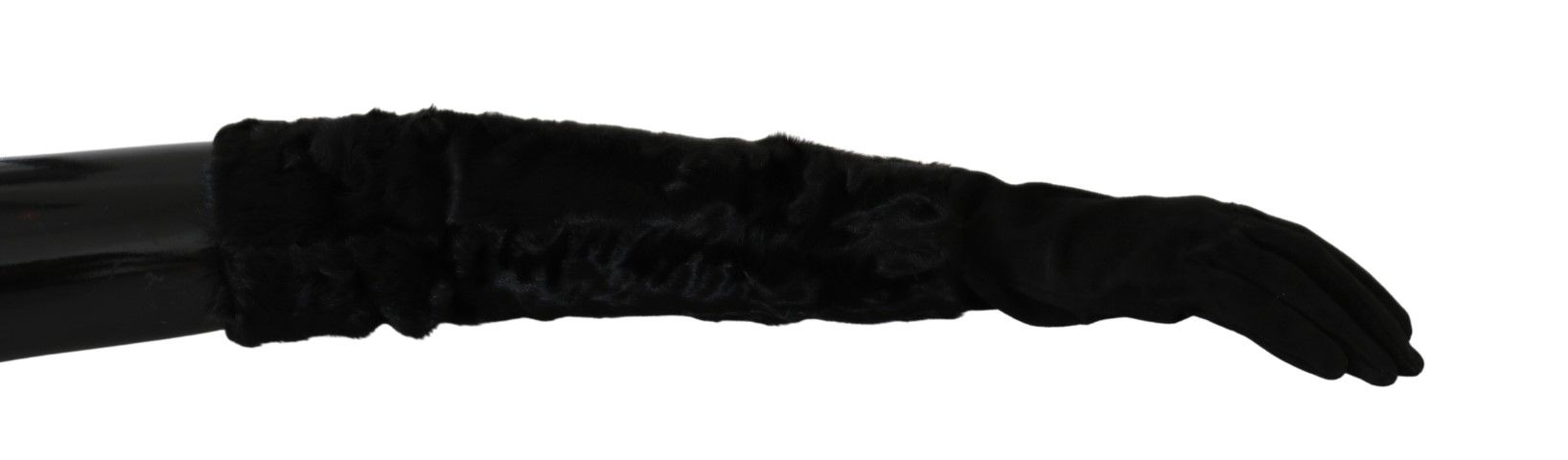 Black suede fur gloves with elbow-length mittens from Dolce & Gabbana, featuring luxurious fur trim and sleek design.