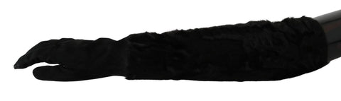 Black elbow-length suede fur gloves with mittens design from Dolce & Gabbana, shown in the image.