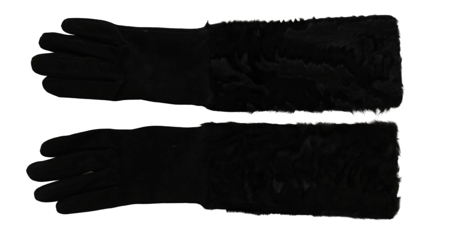 Black elbow-length suede fur gloves by Dolce & Gabbana, showcasing luxurious material and elegant design.
