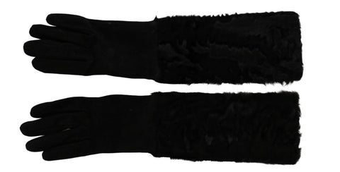Black elbow-length suede fur gloves by Dolce & Gabbana, showcasing luxurious material and elegant design.
