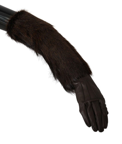Brown leather elbow-length mittens with fur lining, Dolce & Gabbana gloves designed for warmth and style.