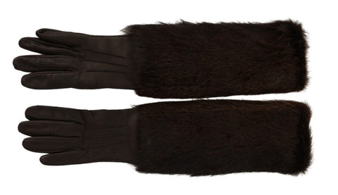 Brown leather elbow-length mittens with fur trim from Dolce & Gabbana, showcasing soft leather and cozy fur detail.