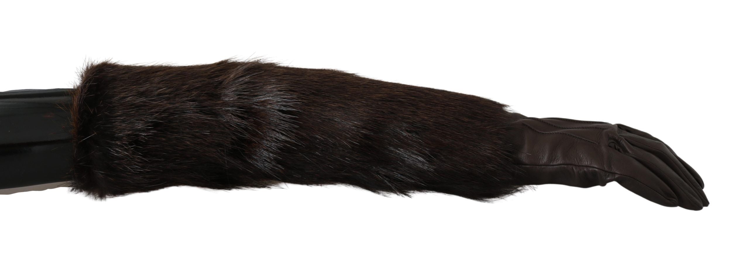 Brown leather elbow-length mittens with fur trim, Dolce & Gabbana leather gloves for warmth and style.
