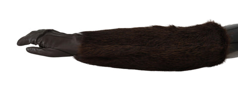 Brown leather elbow-length mittens with fur trim by Dolce & Gabbana, stylish gloves perfect for winter warmth and elegance.