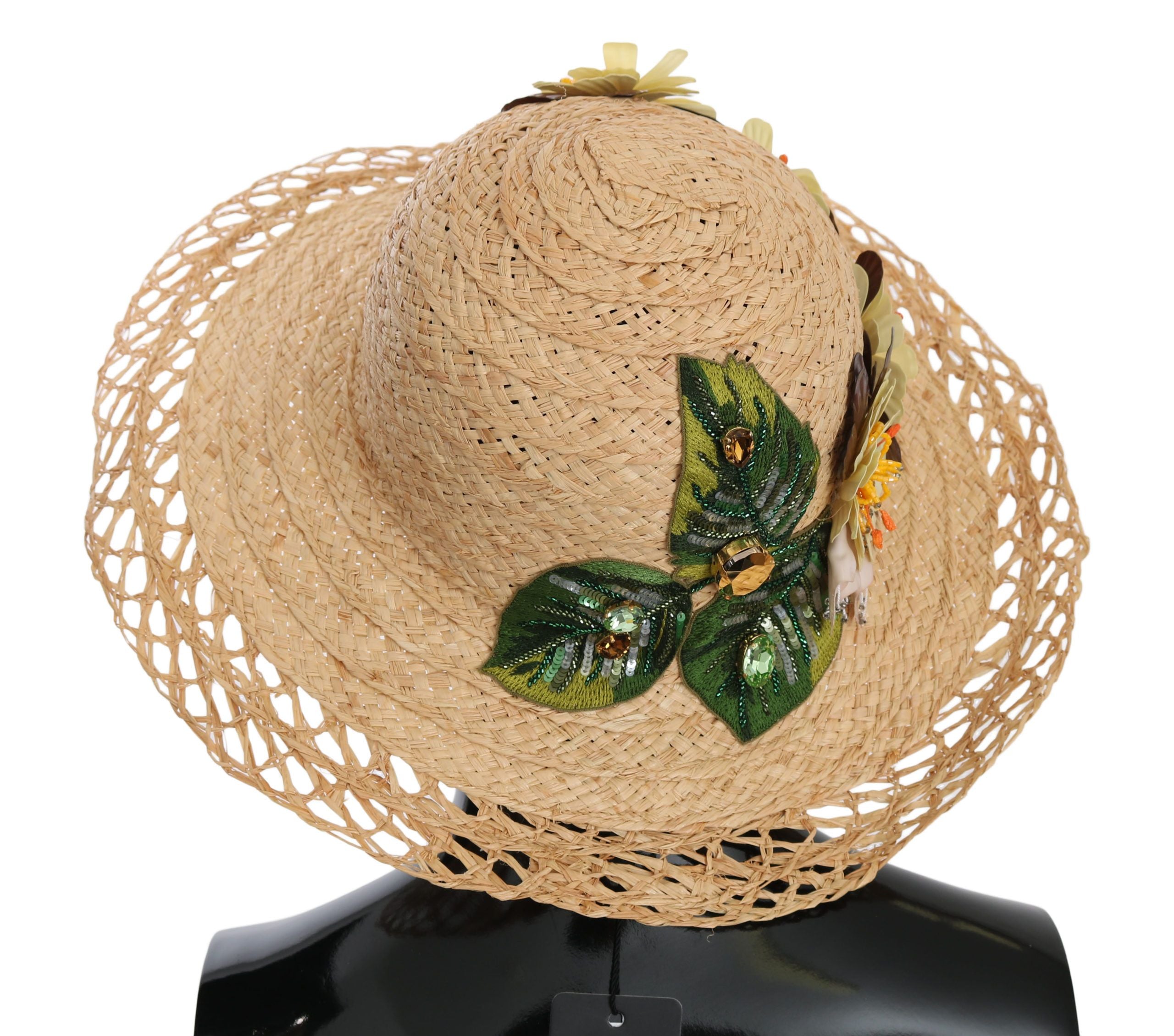 Beige wide brim floral bucket hat by Dolce & Gabbana, stylish sun hat with floral pattern and wide brim for sun protection.