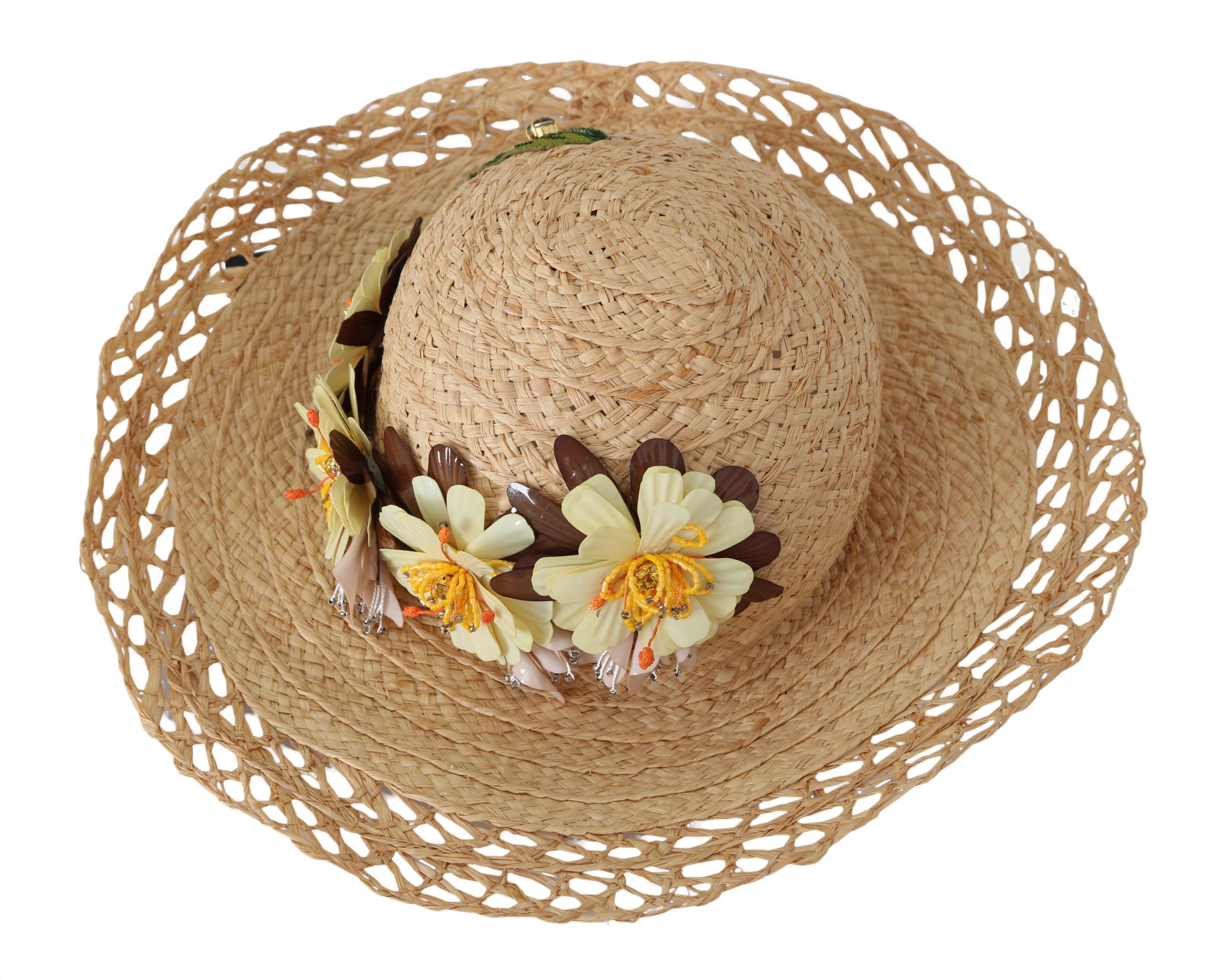 Beige wide brim floral bucket hat by Dolce & Gabbana, stylish accessory with floral pattern and durable fabric.