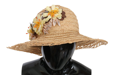 Beige wide brim floral bucket hat by Dolce & Gabbana, featuring a stylish brim and floral pattern for a fashionable summer look.