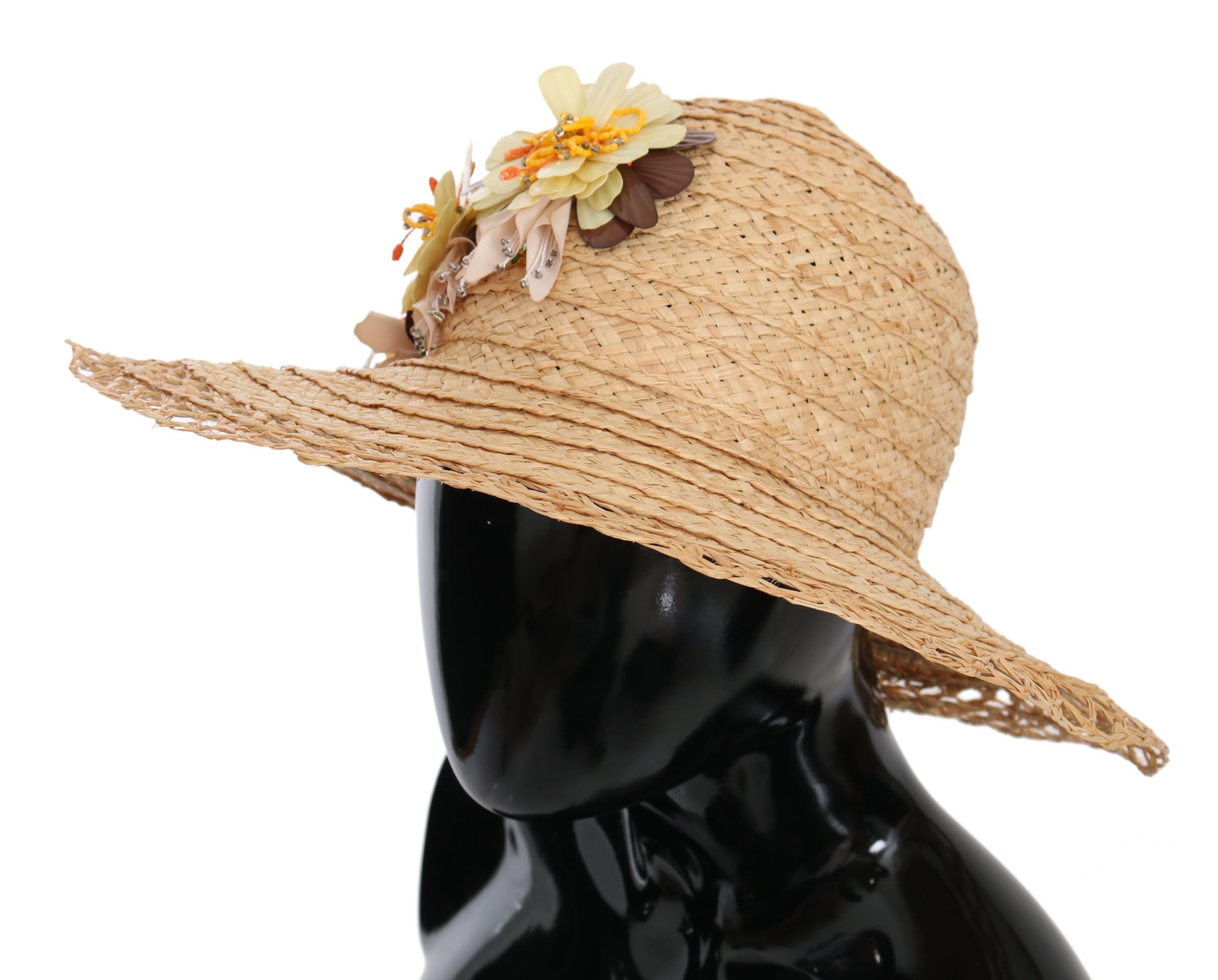 Beige wide brim floral bucket hat by Dolce & Gabbana with a stylish, sun-protective design and floral pattern.