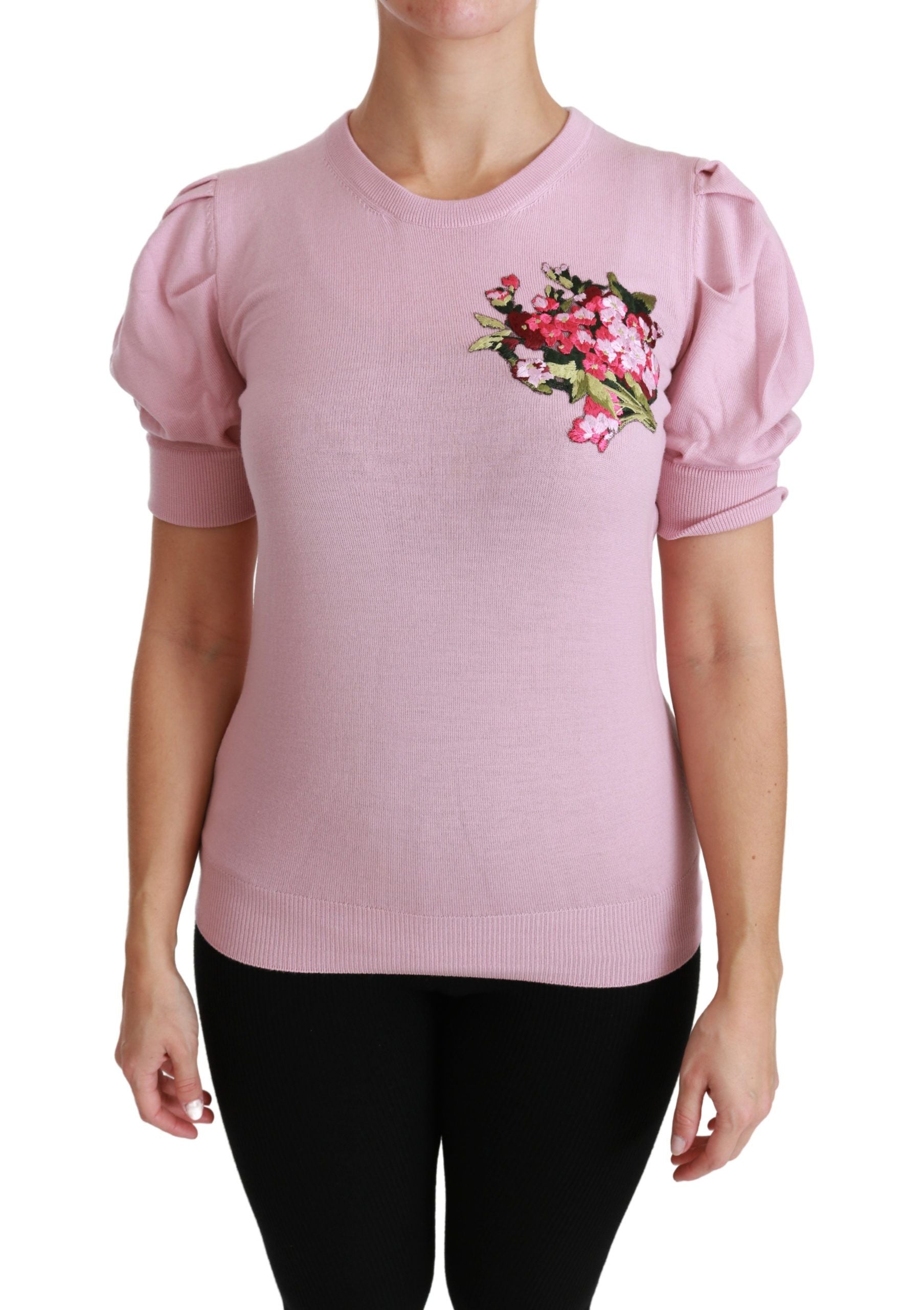 Pink floral embroidered blouse with wool fabric from Dolce & Gabbana, featuring intricate floral embroidery and a stylish top design.