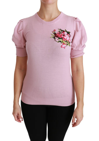 Pink floral embroidered blouse with wool fabric from Dolce & Gabbana, featuring intricate floral embroidery and a stylish top design.