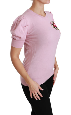 Pink floral embroidered wool blouse by Dolce & Gabbana, featuring intricate floral embroidery and a stylish, cozy top design.