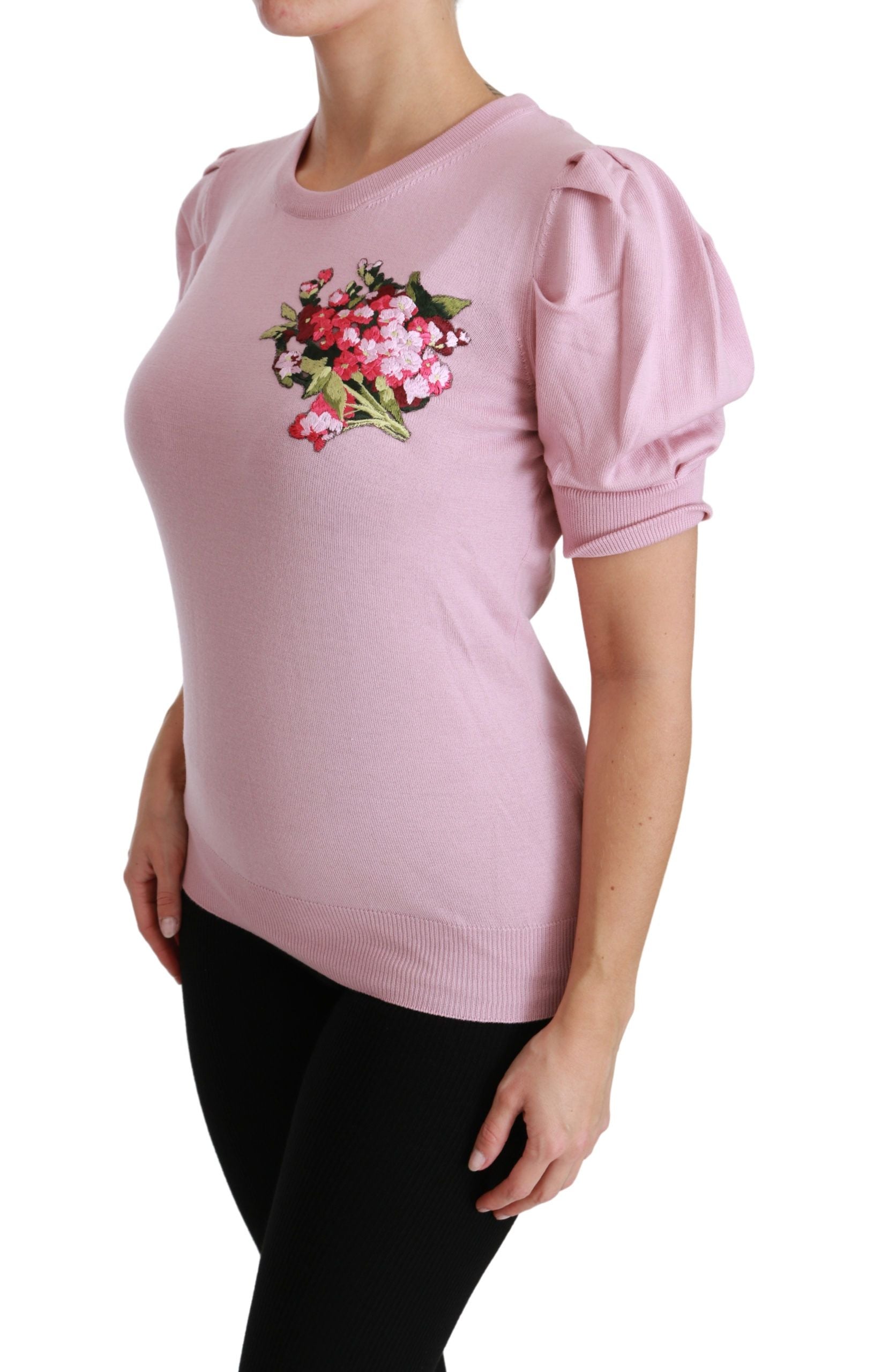 Pink floral embroidered wool blouse by Dolce & Gabbana, showcasing intricate floral embroidery and a classic wool top design.