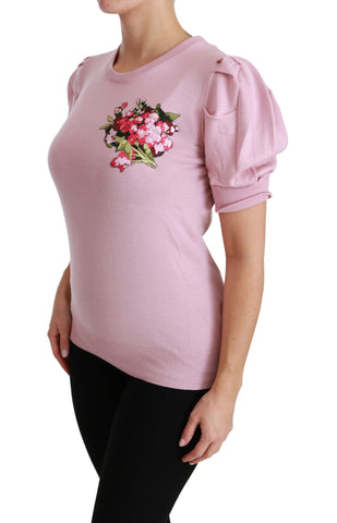 Pink floral embroidered wool blouse by Dolce & Gabbana, showcasing intricate floral embroidery and a classic wool top design.