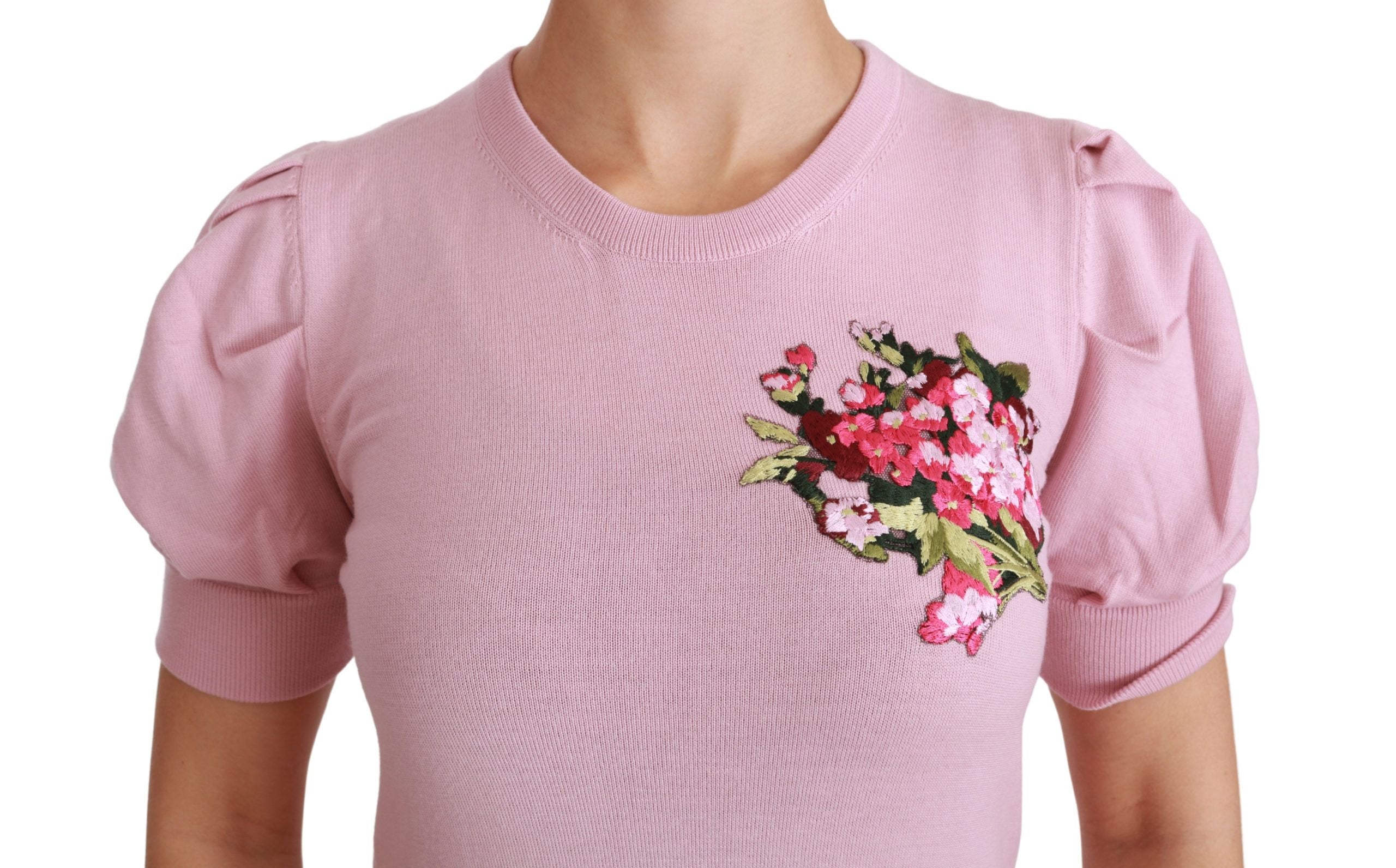 Pink floral embroidered wool blouse by Dolce & Gabbana, featuring intricate floral embroidery and a stylish top design.