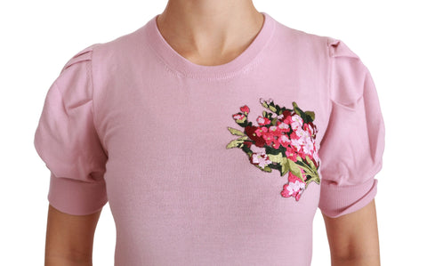 Pink floral embroidered wool blouse by Dolce & Gabbana, featuring intricate floral embroidery and a stylish top design.