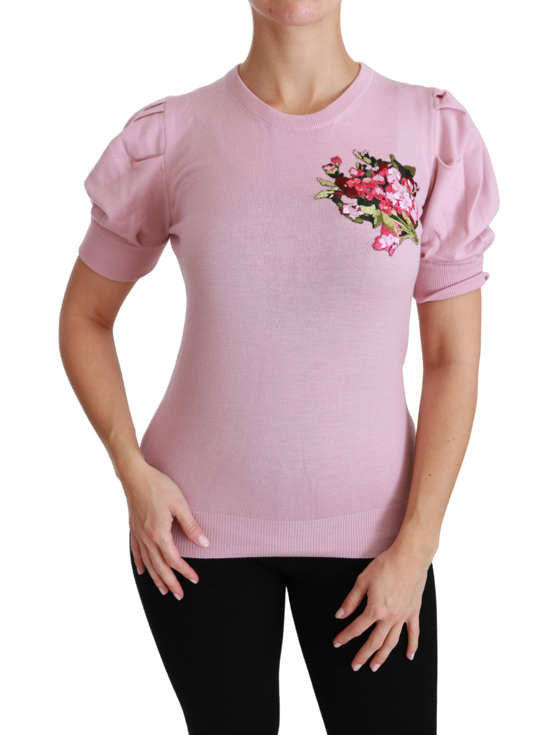 Pink floral embroidered wool blouse by Dolce & Gabbana, featuring intricate floral embroidery and a stylish, cozy design.
