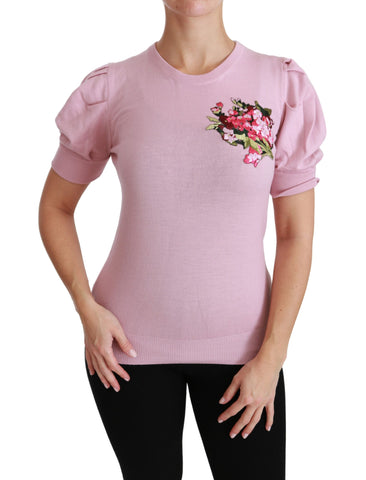 Pink floral embroidered wool blouse by Dolce & Gabbana, featuring intricate floral embroidery and a stylish, cozy design.