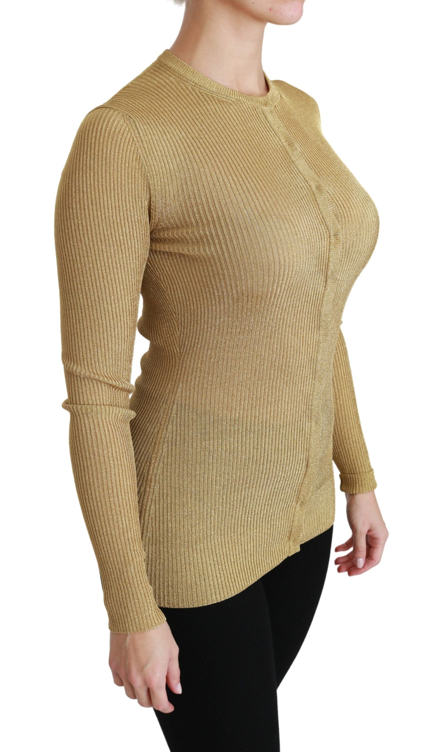 Gold long sleeve cardigan made of viscose sweater by Dolce & Gabbana, featuring a soft knit texture and classic fit.