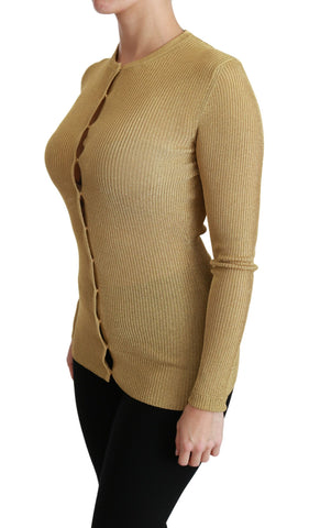 Gold long sleeve viscose cardigan sweater by Dolce & Gabbana, featuring a fitted design and elegant knit texture.