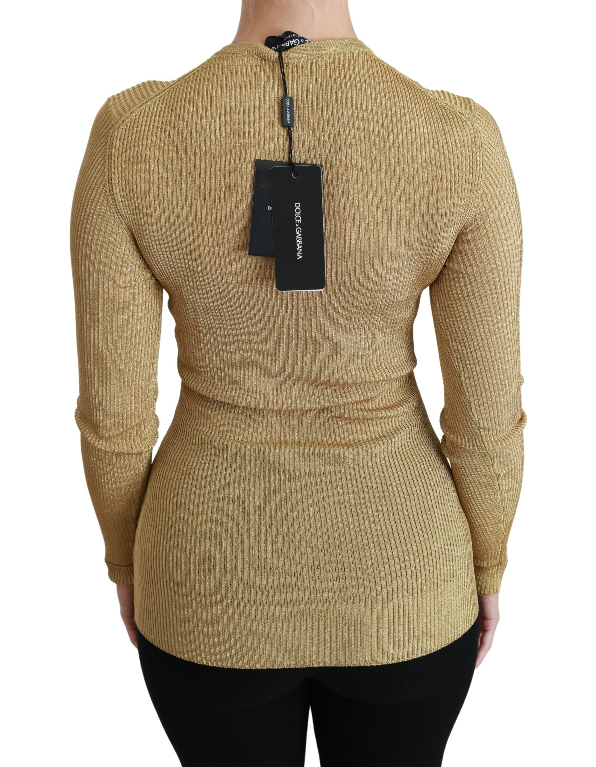 Gold long sleeve viscose cardigan sweater by Dolce & Gabbana, featuring a fitted design and button closure.