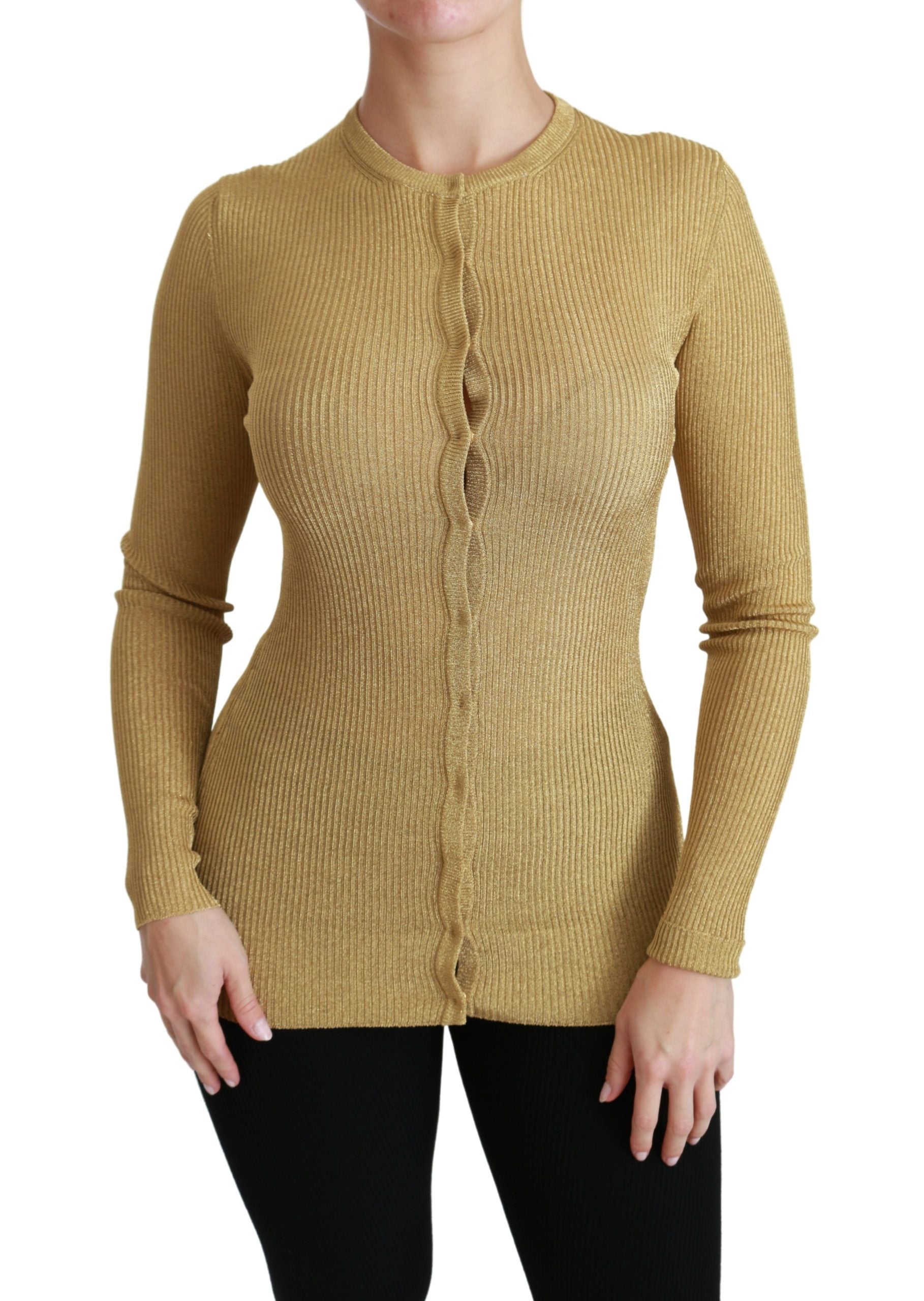 Gold long sleeve cardigan sweater by Dolce & Gabbana made of viscose, featuring a fitted design and button closure.